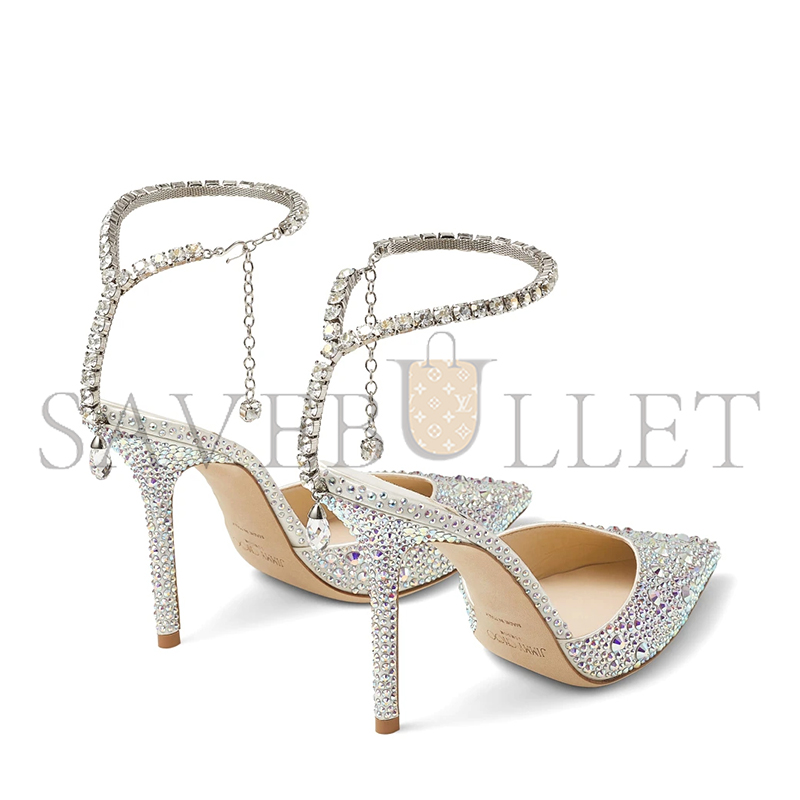 JIMMY CHOO SAEDA 100 IVORY SATIN PUMPS WITH CRYSTAL EMBELLISHMENT SAEDA100BAM